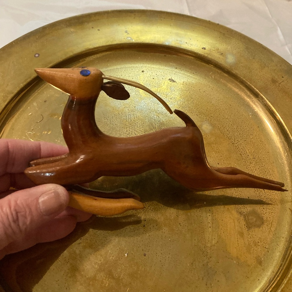 MCM Wood Gazelle Deer - Vintage - Walnut - Brass Antlers - *READ* - Leather Ears
